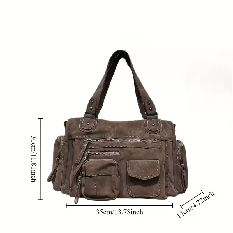 Y2K Frosted Suede PU Motorcycle Shoulder Bag - Coffee Brown