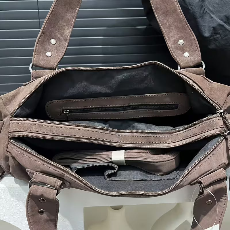 Y2K Frosted Suede PU Motorcycle Shoulder Bag - Coffee Brown