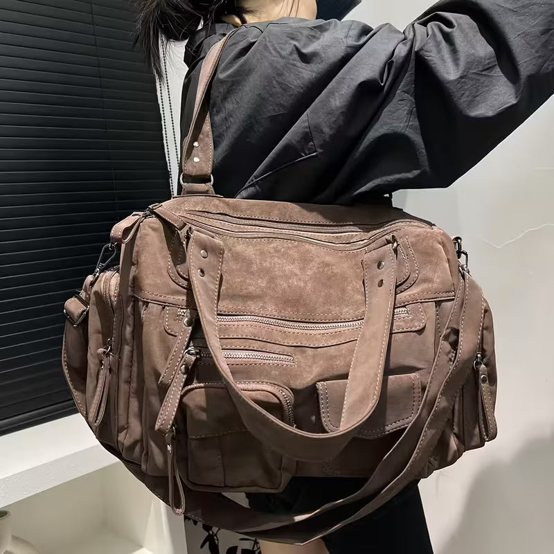 Y2K Frosted Suede PU Motorcycle Shoulder Bag - Coffee Brown