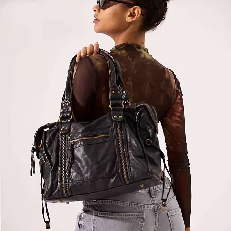 Y2K Vintage Vegan Leather Tote Bag, Braided Detail Shoulder Bag