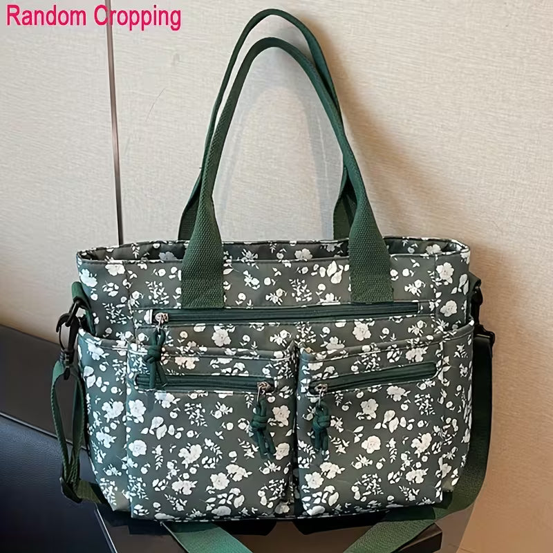 Floral Print Multi-Pocket Tote Bag for Women, Color Block Shoulder Purse