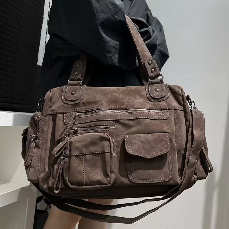 Y2K Frosted Suede PU Motorcycle Shoulder Bag - Coffee Brown