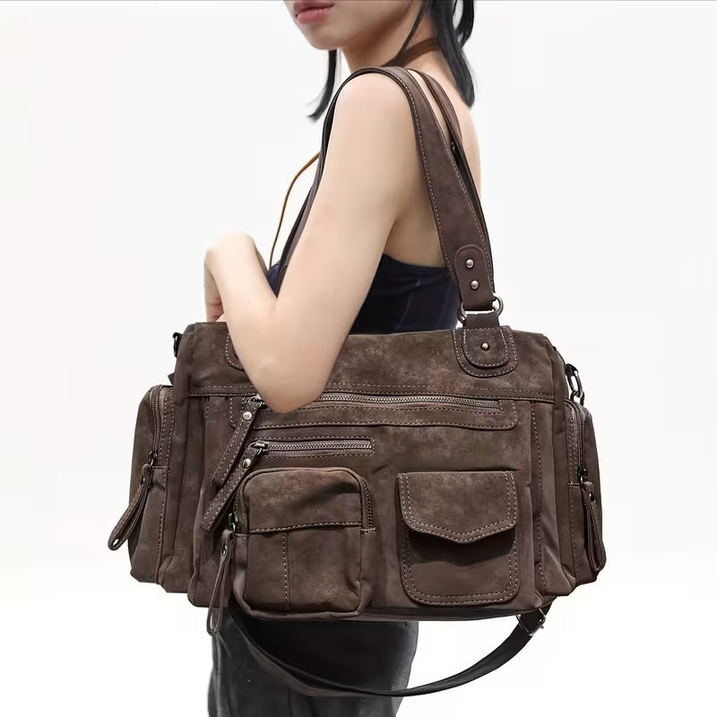 Y2K Frosted Suede PU Motorcycle Shoulder Bag - Coffee Brown