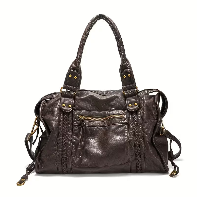 Y2K Vintage Vegan Leather Tote Bag, Braided Detail Shoulder Bag