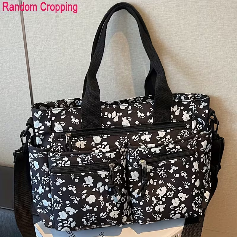Floral Print Multi-Pocket Tote Bag for Women, Color Block Shoulder Purse