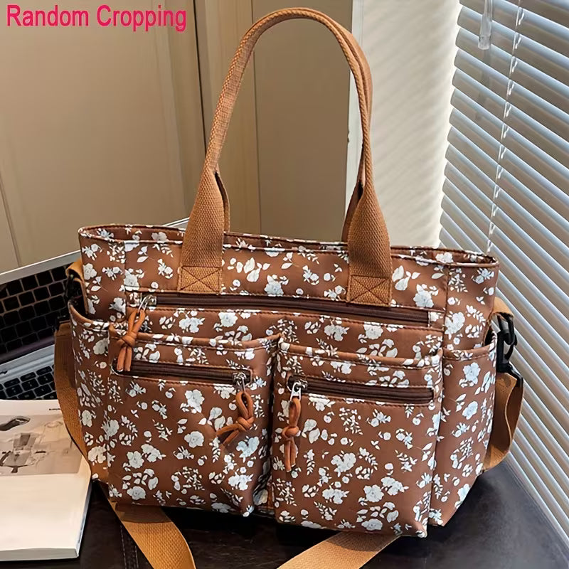 Floral Print Multi-Pocket Tote Bag for Women, Color Block Shoulder Purse