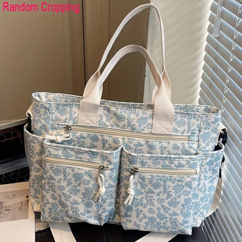 Floral Print Multi-Pocket Tote Bag for Women, Color Block Shoulder Purse