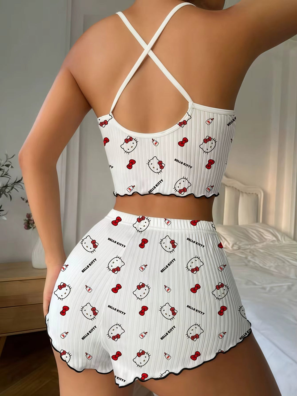 Sanrio Hello Kitty Bowknot Suspender Top Shorts Casual 2pcs Pajama Set Fashionable Thin Shoulder Strap Sexy Sleepwear Soft Pj