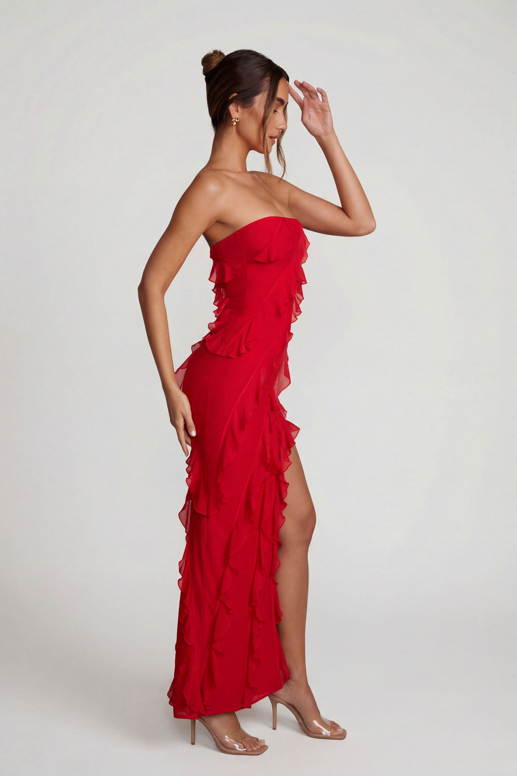 Bandeau Ruffle Detail Maxi Dress in Red